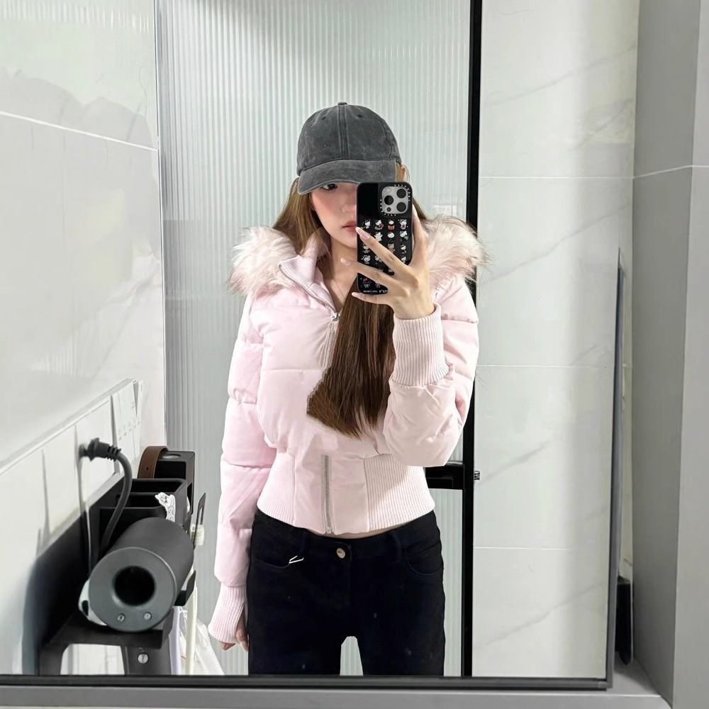 여성을위한 미국 핑크 모피 칼라 후드 짧은 면화 코트 겨울 새로운 슬림 피트 두꺼운 따뜻한 빵 코트