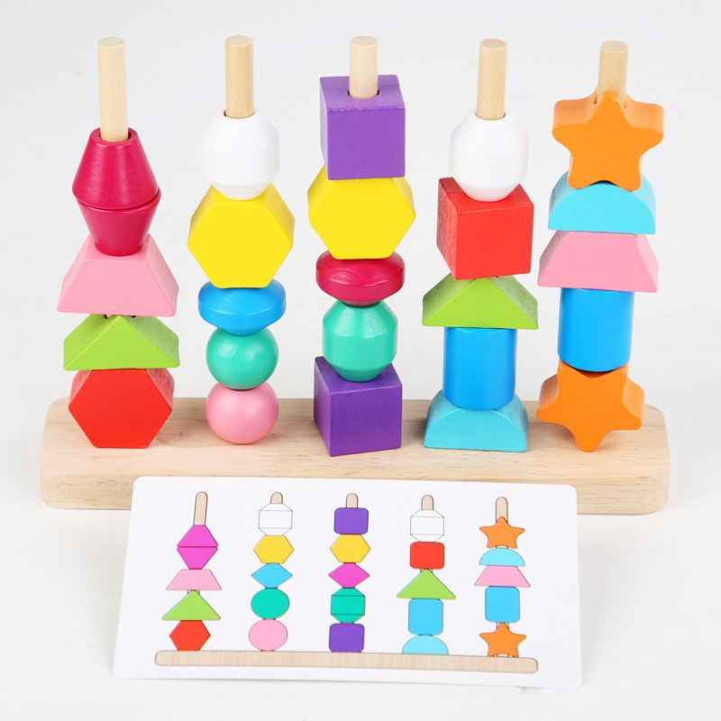 Cross-border wooden children's colorful five-column set column rainbow rope beads geometric matching cognitive puzzle toys Cross-border wooden children's colorful five-column set column rainbow rope beads geometric matching cognitive puzzle toys
