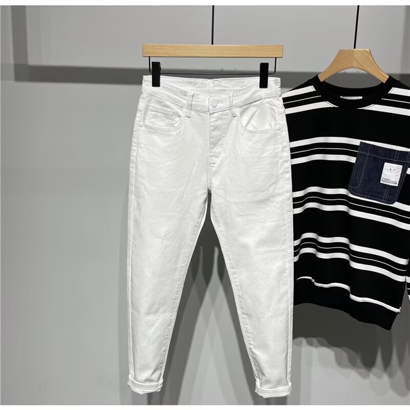 Summer New Stretch Trendy White Jeans for Men Slim Fit Korean Style High-End Cropped Pants Men