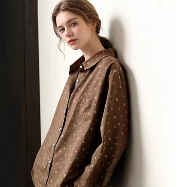 Cross-Border Women's Artistic Style Brown Polka Dot Printed Shirt Fashionable Lapel Long-Sleeved Design Single-Breasted Shirt