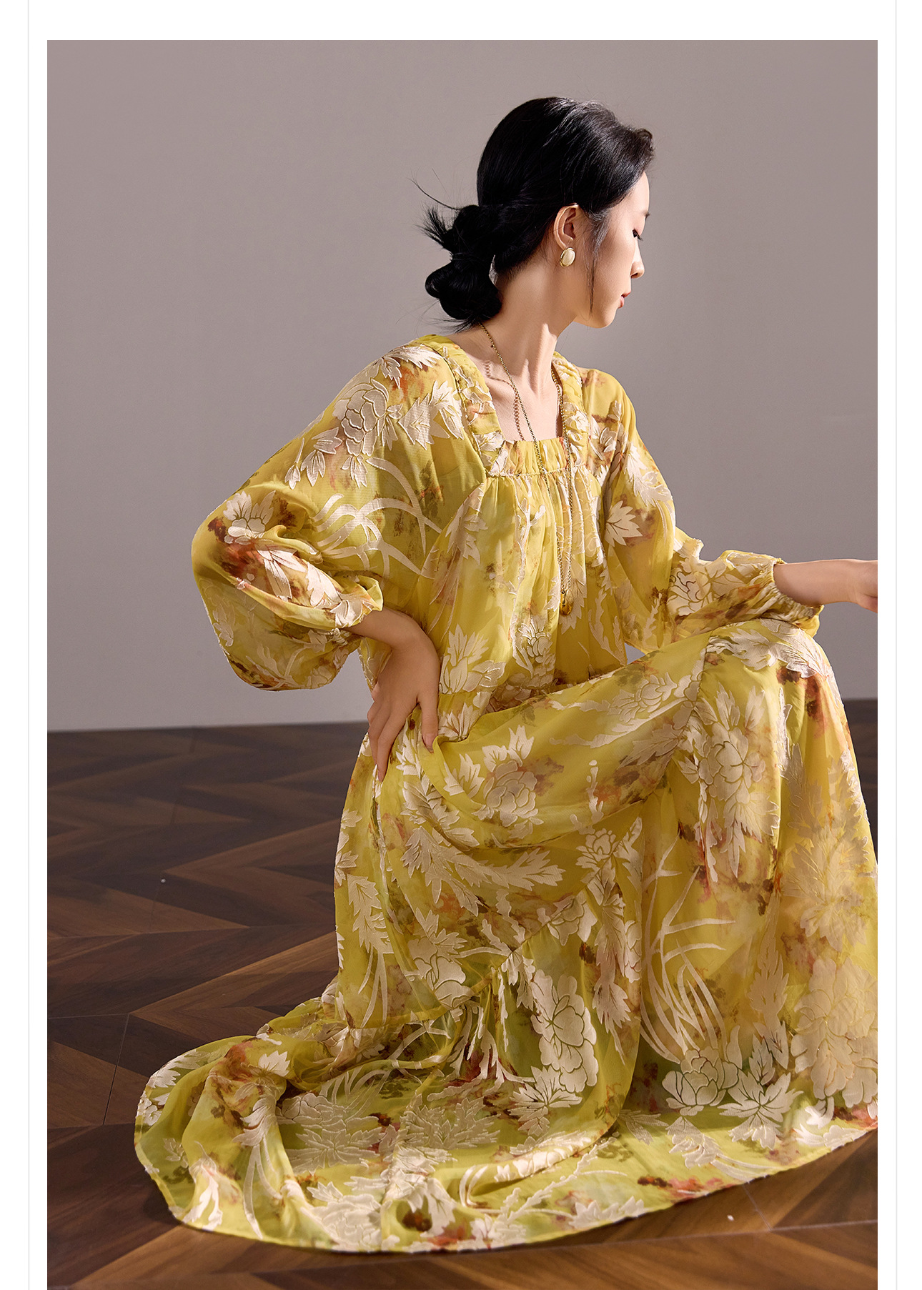 Váy maxi nữ phong cách Trung Quốc mới, chất rayon mềm mại, thiết kế suông rộng tôn dáng — màu vàng chanh chi tiết 10