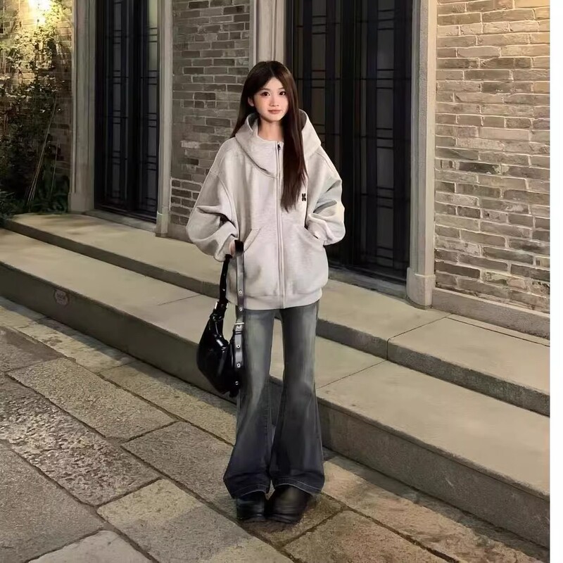 美式复古灰色高领连帽卫衣女宽松oversize慵懒风开衫学院风外套潮|undefined