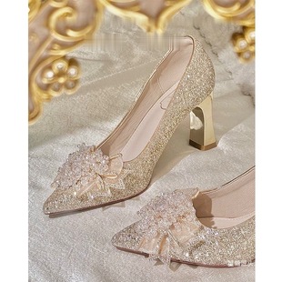 Thick Heel Wedding Shoes for Brides, Women's Feet Are Not Tired, Hexiu Wedding Dress Two-Wear Crystal Shoes 2025 New Engagement Spring High Heels