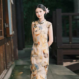 复古油画印花无袖改良旗袍长款新中式氛围感女士日常旗袍礼服批发