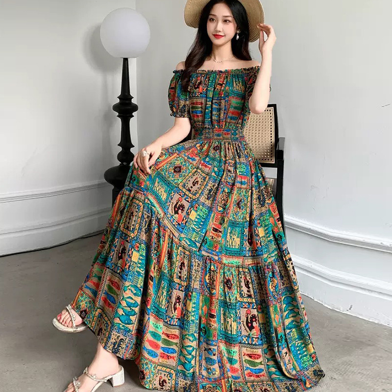 Rayon Floral One-Shoulder Dress Summer Ethnic Style Elastic Waist Beach Skirt Bohemian Long Skirt