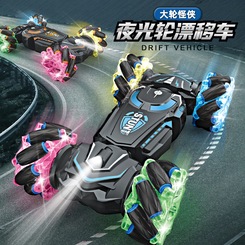 Transfronterizos acrobacias de control remoto de doble cara rueda de luz nocturna luces de deriva lateral fresca música recargable coche de juguete de cuatro tracciones