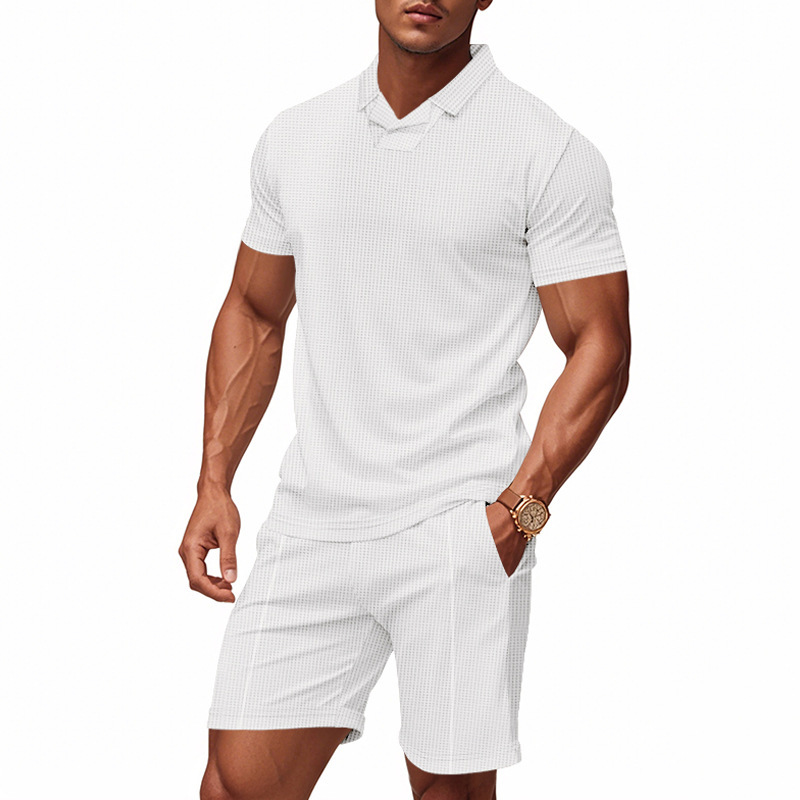 Men's American Style Relaxed Fit Summer Waffle Knit Polo Shirt And Shorts Set, Casual Breathable Two-Piece Outfit_viptrois.com