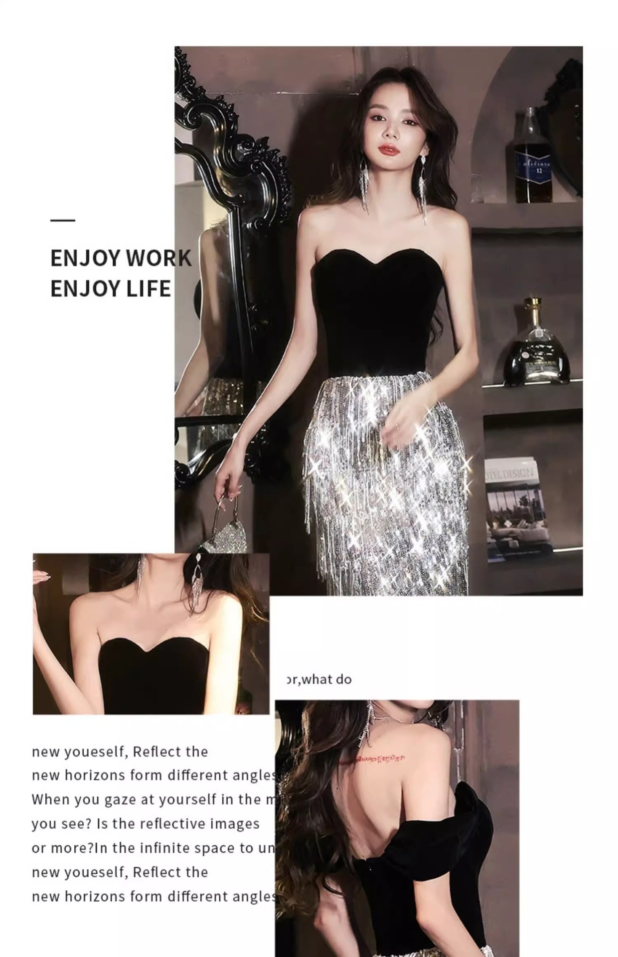 Đầm dạ hội nữ trễ vai đính sequin phong cách Pháp — Màu hình ảnh mẫu dài chi tiết 13