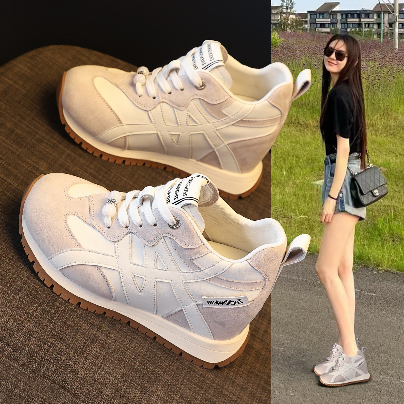 Giày sneaker nữ đế dày tăng chiều cao phong cách Token Forrest đế mềm — màu be