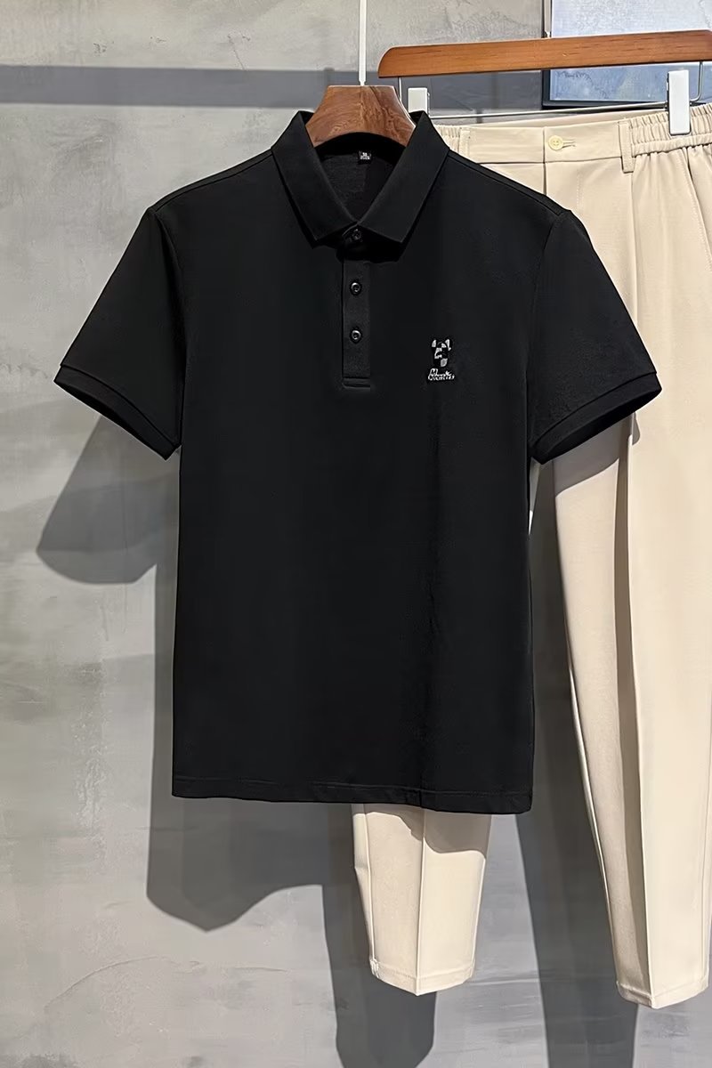 2024 Summer Thin Pearl Mesh Bear Embroidered Back Letter Print Slim Fit Elastic Polo Short Sleeves_voghion.com