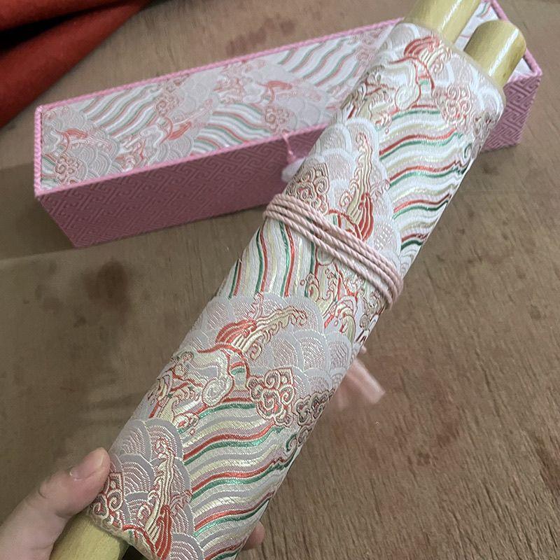 空白宣纸卷轴 孔雀蓝绫布精裱半生熟书法创作拜师贴成人礼卷轴