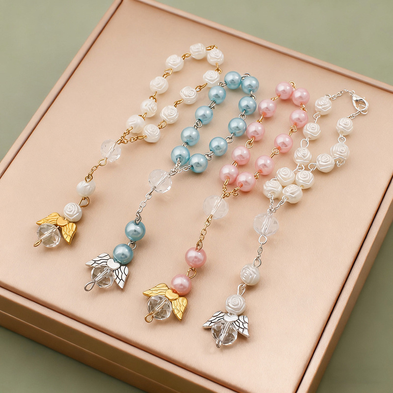 Cross-Border Angel Wings 6mm Pearl Bracelets for Men and Women, Foreign Trade First Birthday Gift, Baptism Beads, Party Gifts Wholesale