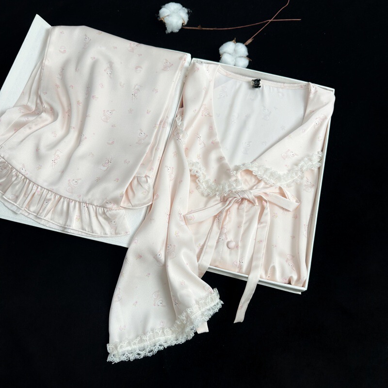 Yase【Pink Rabbit Sleep】Doll Collar Lace Pajamas for Women Spring and Autumn Ice Silk Elegant Lace Long Sleeve Long Pants Set