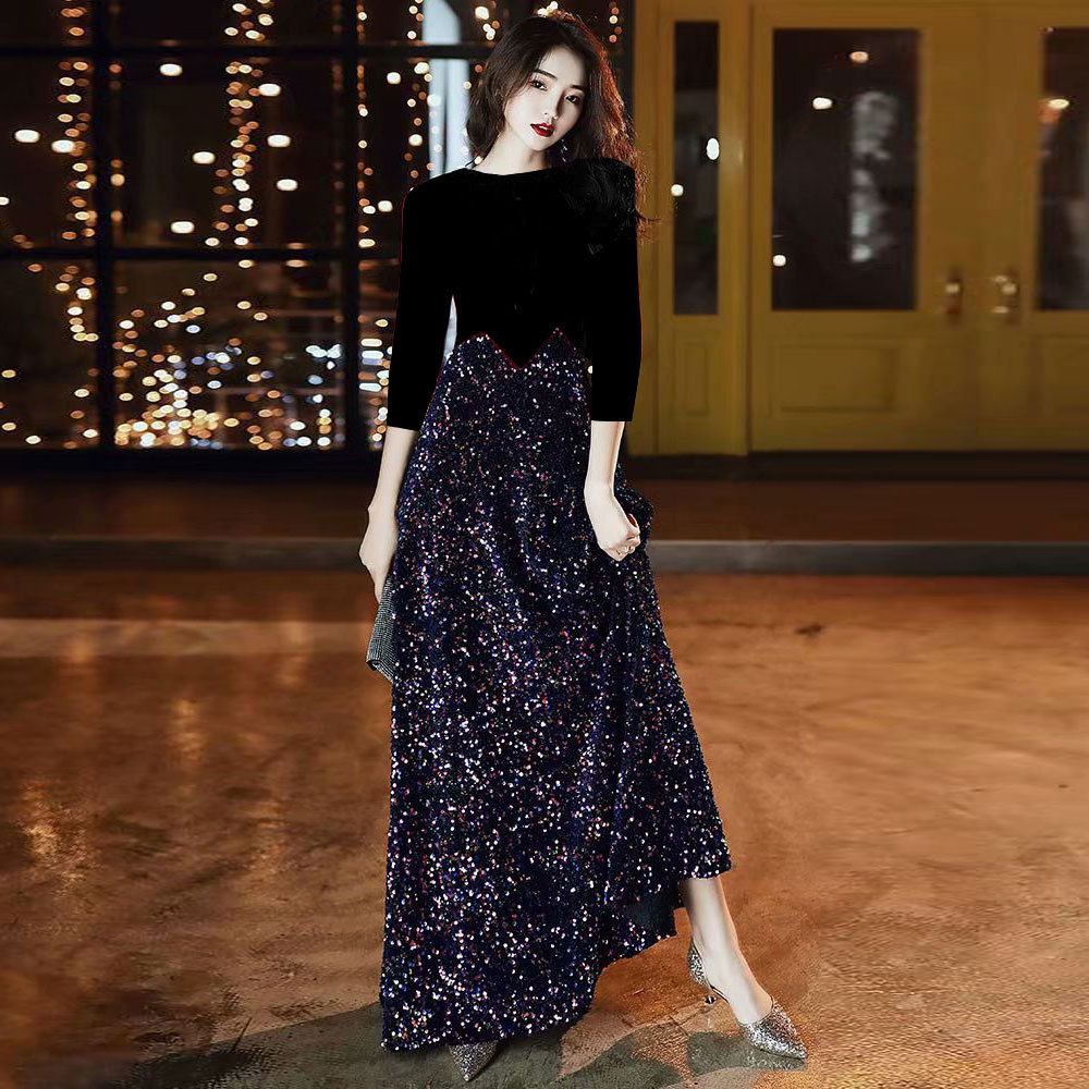 2023 nuevo negro vestido de noche de las mujeres banquete elegante Socialite largo lentejuelas Reunión Anual vestido de acogida vestido