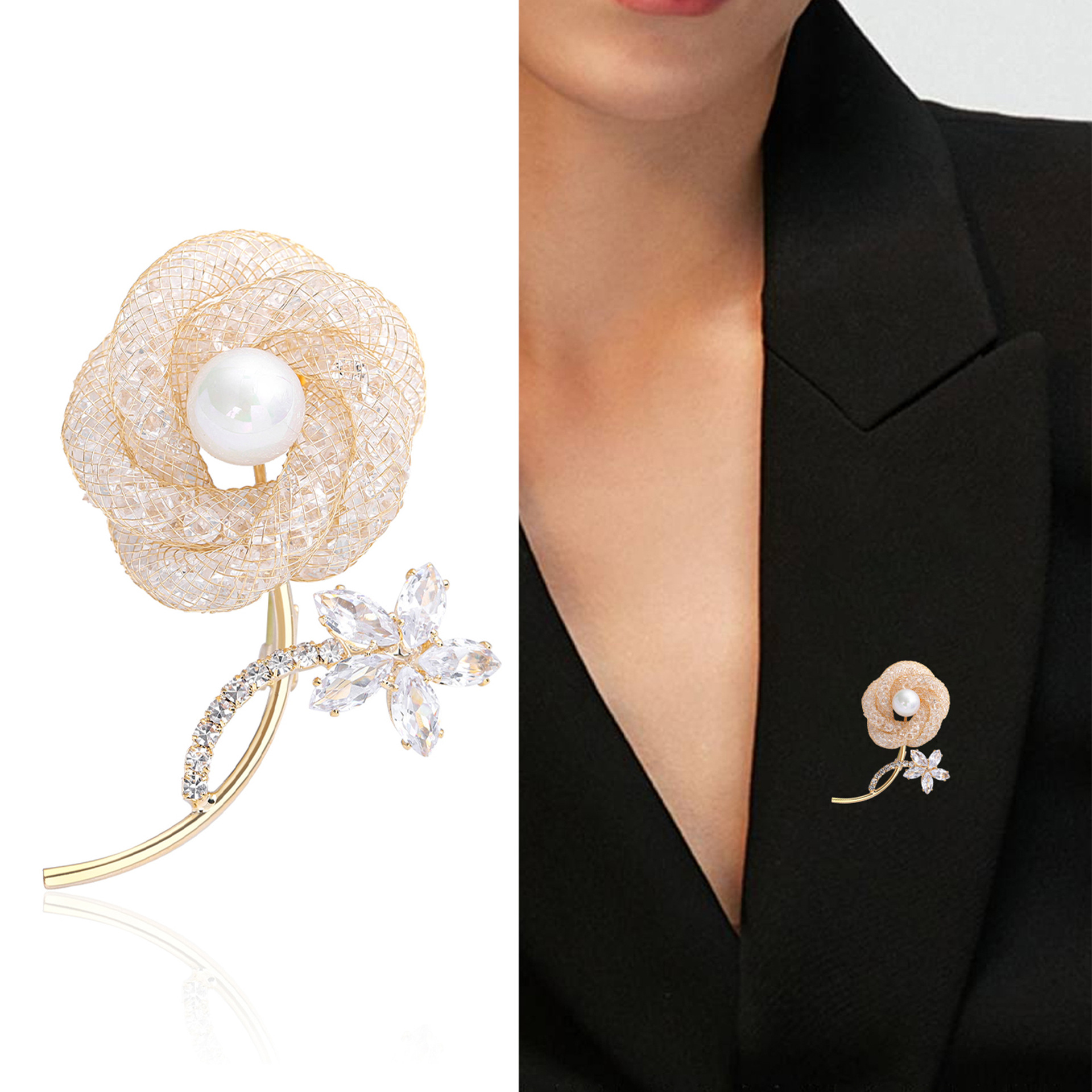 20g Weight Elegant Pin Flower Alloy Artificial Pearls Rhinestones Women's Brooches