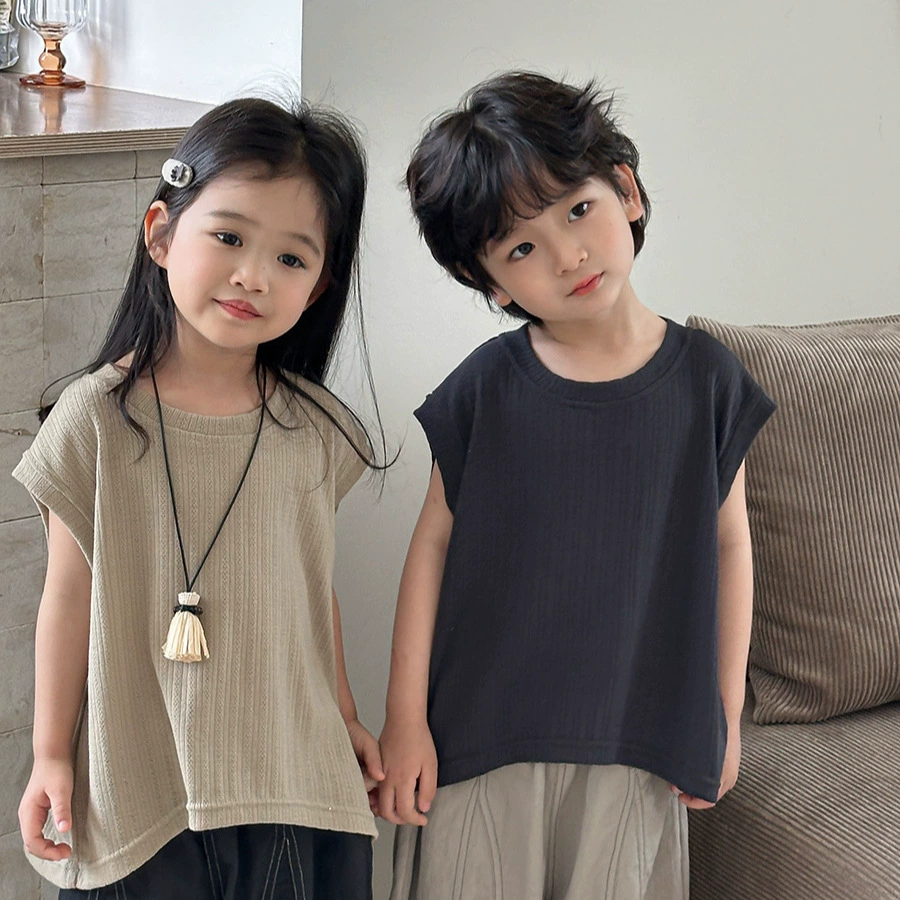 Jiaye Children Pin 2025 детский летний новый сплошной цвет ямы с короткими рукавами футболка для мужчин и женщин минималистский жилет без рукавов