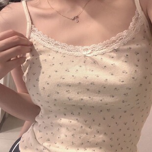 Lace spring short base tank top sleevless, floral print, slim fit