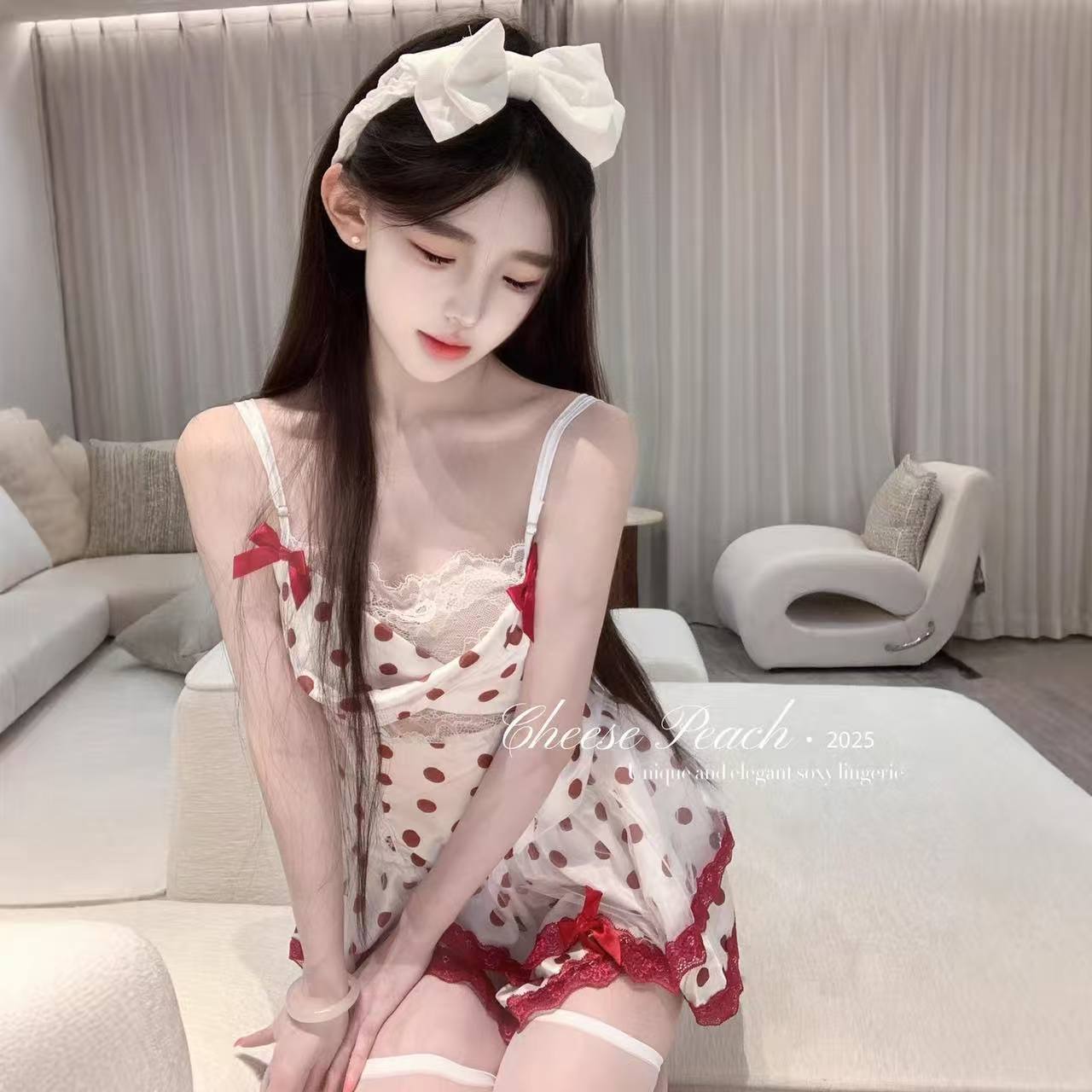 Purely Alluring Polka Dot Lace Camisole Nightgown, Backless Mesh Trim, Women’s Date Night Pajama Set — detail image 3