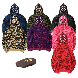 Cross-border Trendy Brand Bape Embroidered Shark Camouflage Sweater fleece-lined Zipper Hoodie Men's Cardigan