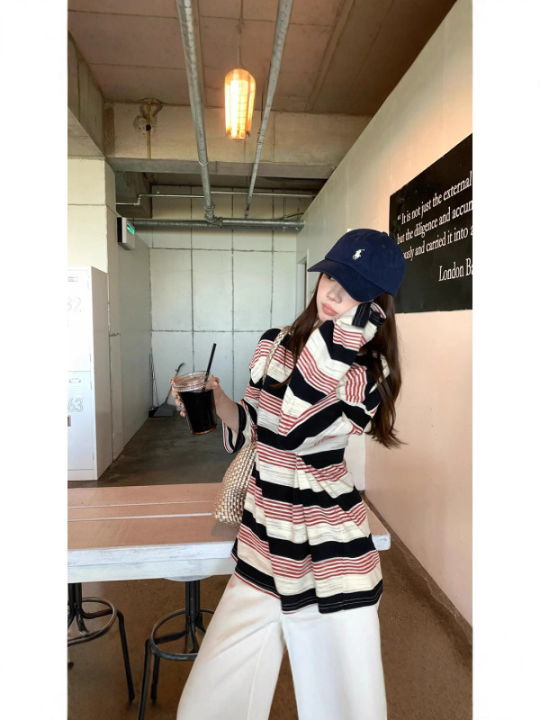 【miu系美学】复古慵懒条纹长袖圆领长袖T恤女早秋新款宽松打底衫|undefined