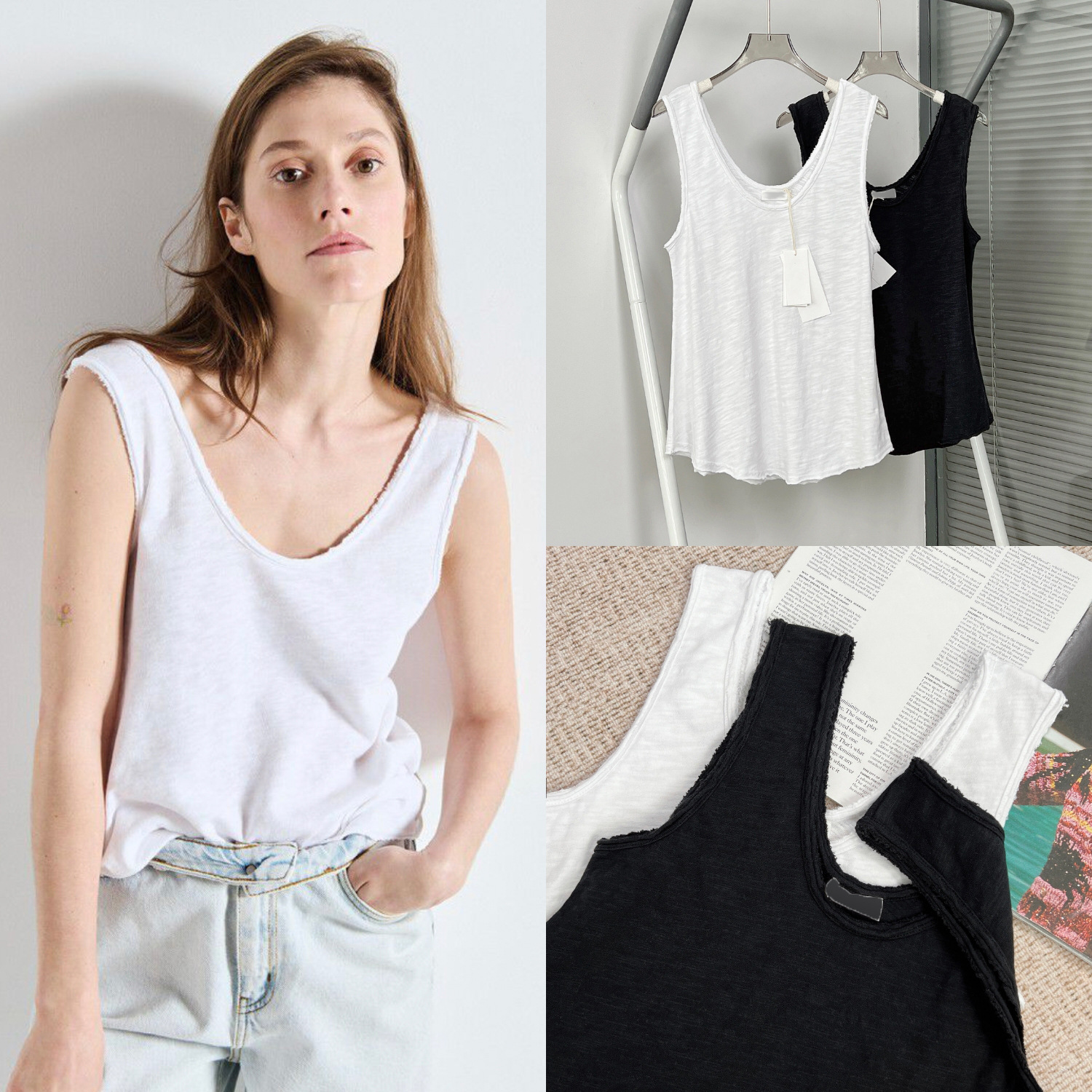 House25 Summer New Original Washed Vintage Two-Tone Frayed Edge Large U-Neck Sleeveless Top with Ruffled Collar for Women