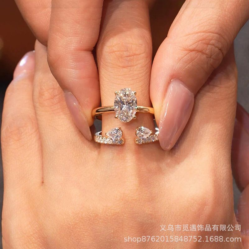 Two-Piece Set for Layering! Unique Design Double-Ended Teardrop Diamond-Studded Ring for Women, Oval-Shaped, High-End Index Finger Ring