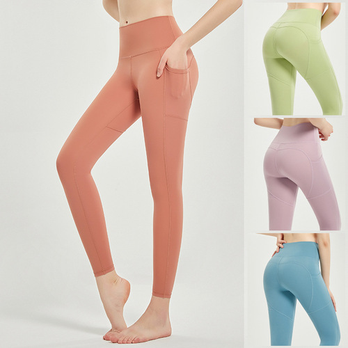 New lulu yoga pants women's nude peach butt lift sports tight fitness pants double side pockets running and cycling pants