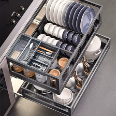 Pull-out kitchen cabinet 304 stainless steel double-layer drawer-style bowl rack storage spice built-in cabinet bowl basket