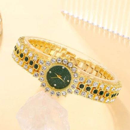 Nov 5-delni komplet nišnih lahkih luksuznih večnamenskih majhnih jeklenih pasov, majhnih zelenih ur, uhanov, ogrlice, zapestnic in prstanov_voghion.com