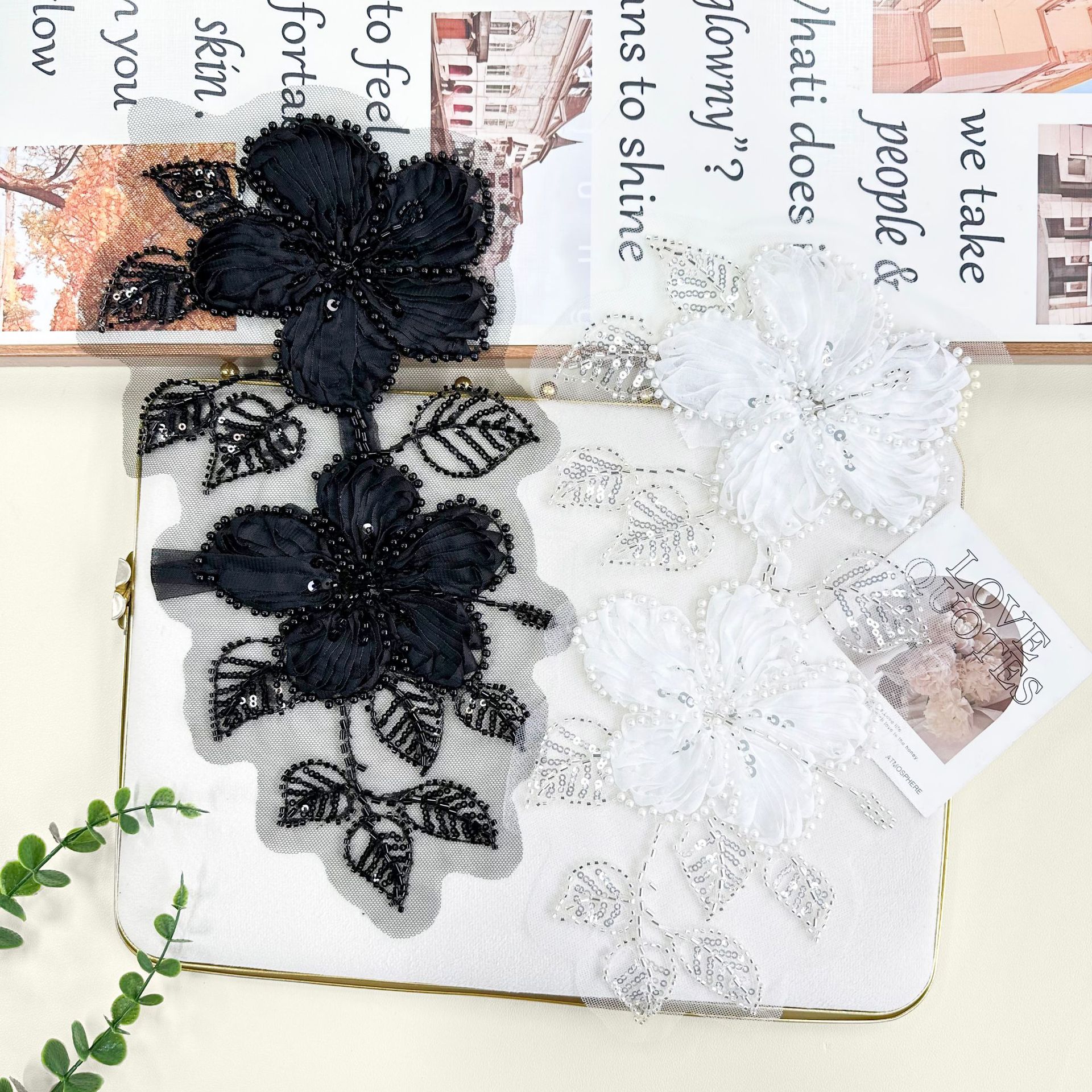 Nuevo blanco y negro esquinilla bordado tridimensional tela de malla fijación floral accesorios accesorios de vestido vestido