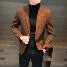 商务痞帅西装男外套棕色高档西服高级华夫格修身小感休闲格子上衣