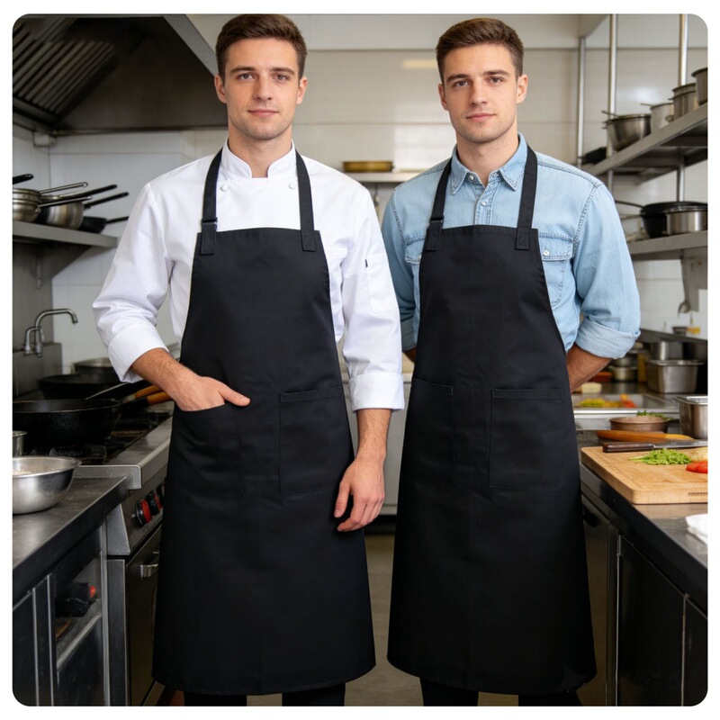Korean-Style Cotton Simple Apron with 2 Pockets, Unisex, for Kitchen, Home Use, Barista, Mid-Length Workwear