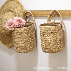 藤编编织储物篮墙挂收纳篮花园植物篮蒲草编织吊篮花盆套装饰大号