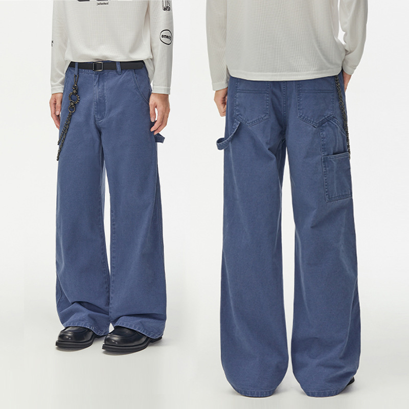 LKTM Men's Clothing Washed Vintage Workwear Blue Lumberjack Cargo Pants Unisex Loose Straight Casual Trousers LKTM Men's Clothing Washed Vintage Workwear Blue Lumberjack Cargo Pants Unisex Loose Straight Casual Trousers