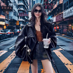 黑色复古机车翻领pu皮衣外套女酷飒风2025秋季新款皮夹克上衣