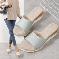 坡跟拖鞋女2023年夏季新款歐美外貿厚底中跟沙灘魚嘴一字涼拖鞋女