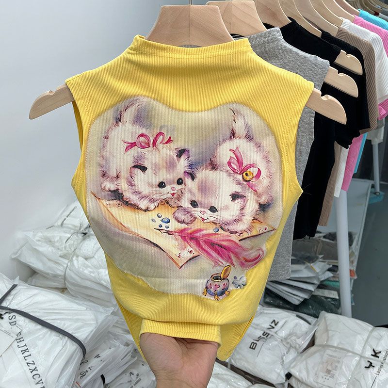Women's Child Summer Dopamine V-Neck Sleeveless Top with High Neck and Short Sleeve 0056A013