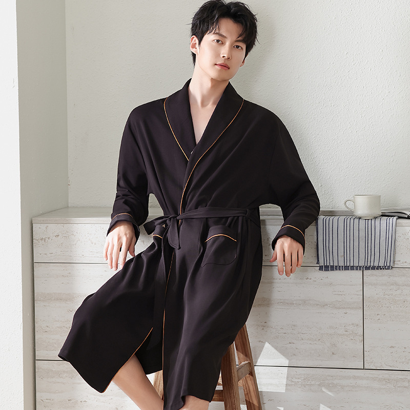 2025 New Men's Spring and Autumn Cotton Pullover Cardigan Loose Mid-Length Bathrobe Suitable for Wearing Outside as Home Wear