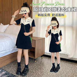 女童连衣裙夏季2023新款夏装中大童法式polo黑色短袖儿童公主裙子