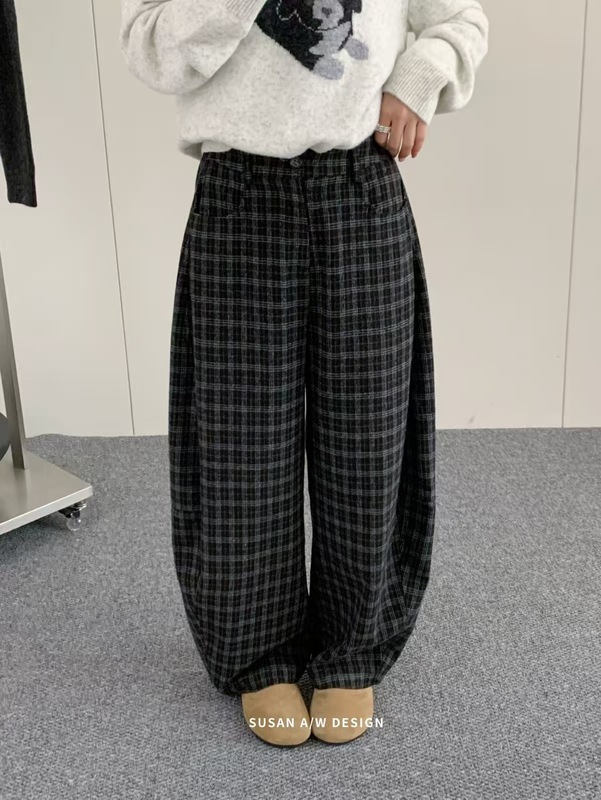 苏珊 2025秋季新款韩系百搭格子慵懒风阔腿裤休闲弯刀裤女DS292|undefined