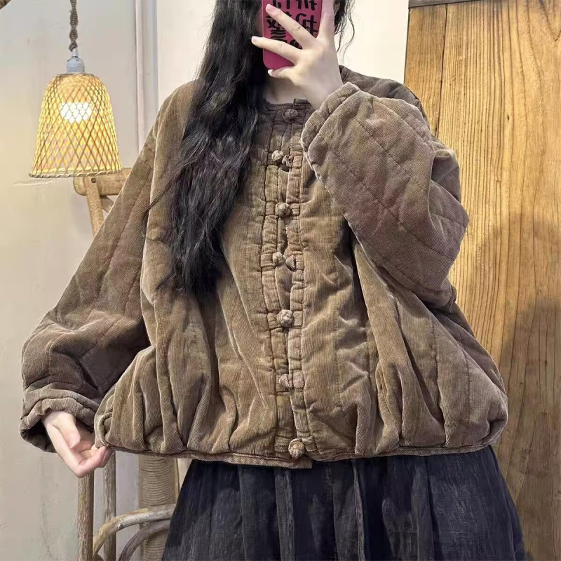 冬季复古棉质细条绒夹棉外套女重工炒色加厚棉衣盘扣棉服保暖棉袄