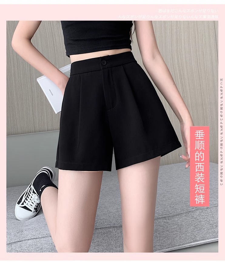 Quần short nữ cạp cao dáng chữ A ống rộng mùa hè — Màu đen (gửi thắt lưng xoắn khóa ngẫu nhiên) chi tiết 4