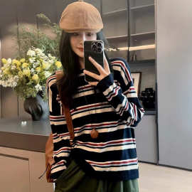初秋女装套头针织衫条纹设计感松弛慵懒新款宽松长袖毛衣t恤上衣