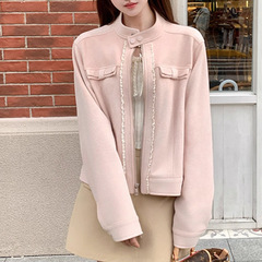 2025新款短款长袖粉色廓形麂皮外套女秋季美式棒球服夹克显白上衣