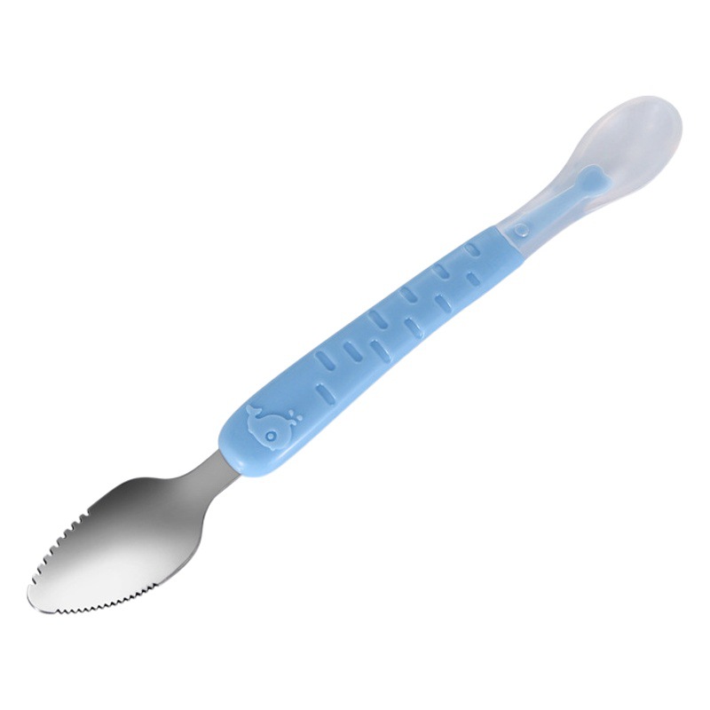 Raspador de barro de doble cabeza de fruta para bebés Cuchara suave de silicona de acero inoxidable 304 Cuchara para bebés con caja de almacenamiento Cuchara raspadora de barro