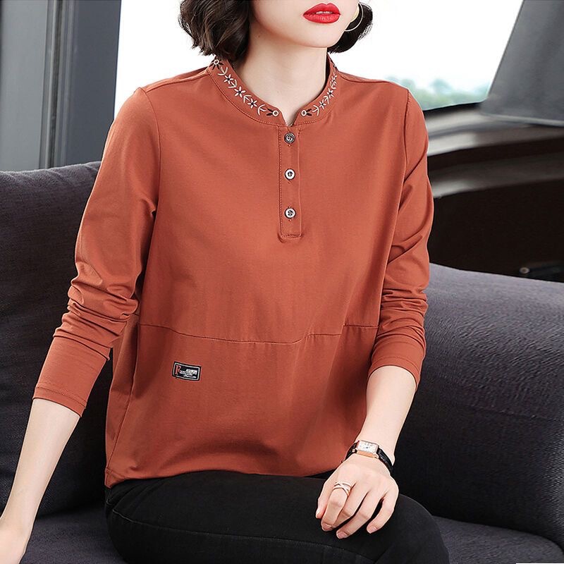 Spring and Autumn New Long Sleeve T-Shirt Women's Easiest for Match Round Neck Embroidered Middle-Aged Ladieswear Fashionable Temperament Western Top Bottoming Shirt