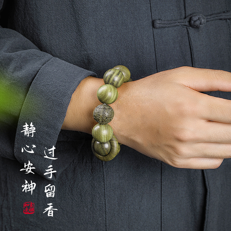 Green Sandalwood Beads Bracelet for Men and Women, Couple Round Beads Single Circle Natural Jade Sandalwood Craftsmanship Buddhist Rosary Prayer Beads Necklace, Wholesale