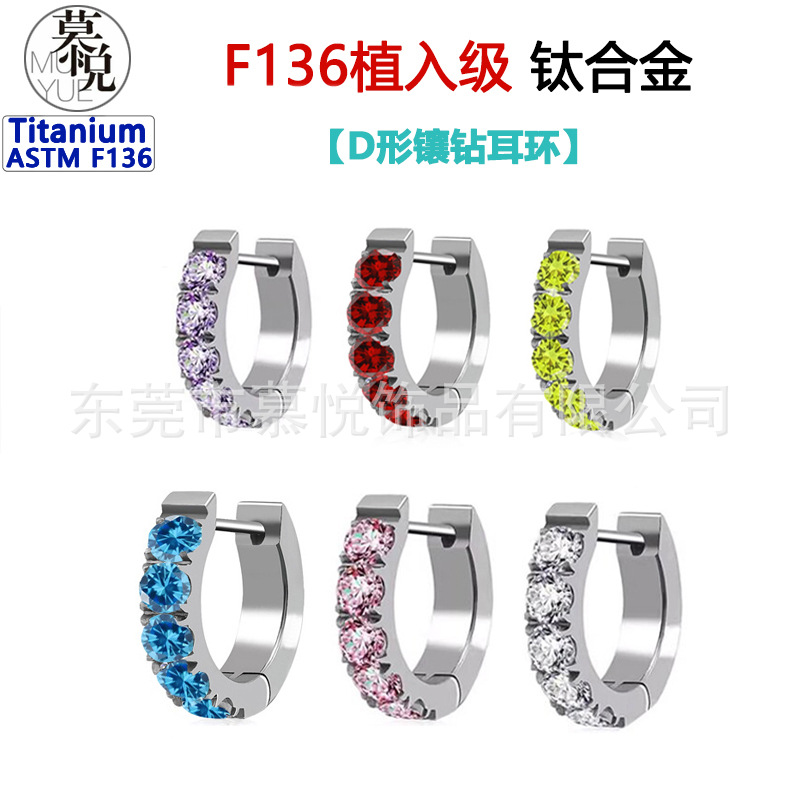 F136 Titanium Alloy D-Shaped Straight Pin Earrings with 5A Zircon, Suitable for Ear Piercing, No Need to Remove for Sleeping, G23 Ear Hoops/Ear Clips