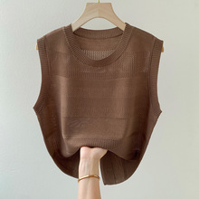 宽松显瘦80-200斤夏季镂空冰丝背心女百搭薄款外穿透气针织衫跨境