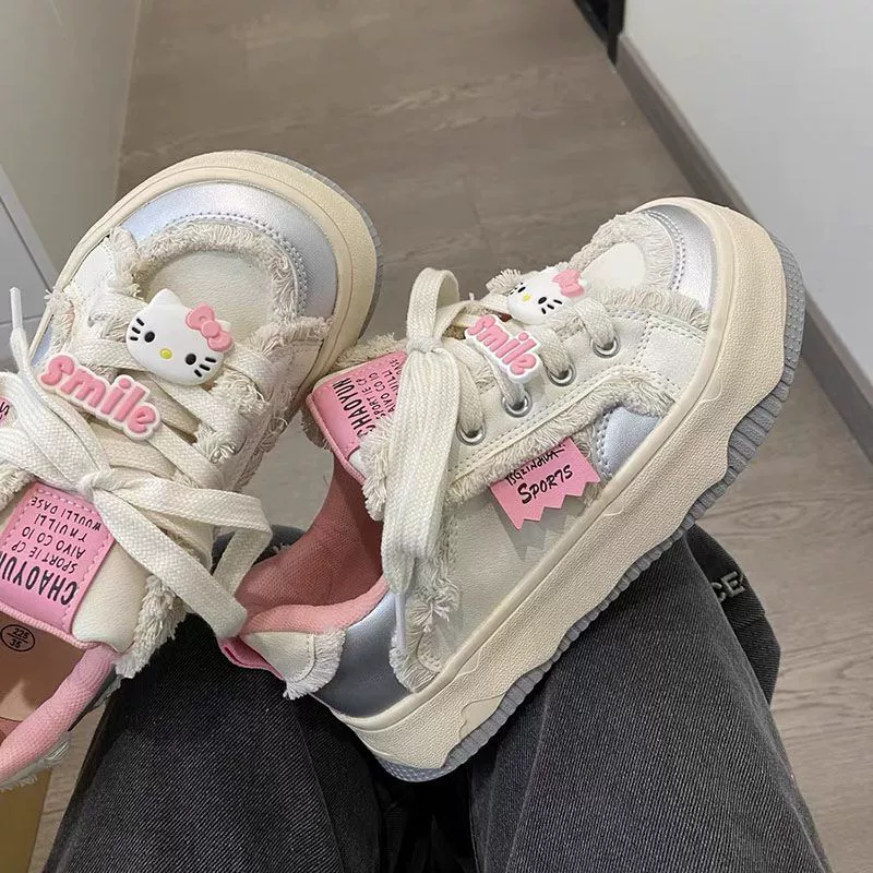 Национальная модная нишевая оригинальная обувь с большим носком Kitty Cat, женская обувь, новинка 2024 года, весенне-осенняя толстая подошва, универсальные белые туфли для женщин